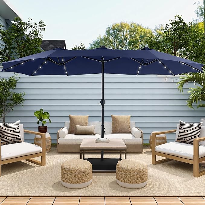 Sophia & William 15 ft Extra Large Patio Umbrella with Solar Lights, Rectangular Outdoor Umbrella with Base Included, Market Umbrella Double-sided Heavy Duty for Pool Garden Backyard, Navy Blue