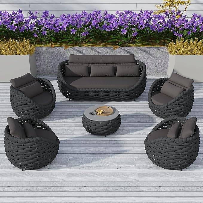 TWT 6-Piece Aluminum Patio Furniture Set, Modern Outdoor Conversation Set Sectional Sofa with Water Repellent Thick Cushions and Coffee Table for Balcony, Garden