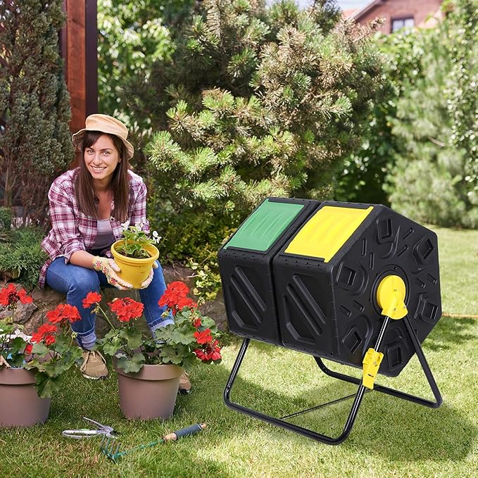Nouva 37 Gallon Compost Bin Dual Chamber Composter Tumbler Rotating Chamber Garden Composter Bin with 2 Sliding Doors Steel Frame Outdoor Kitchen Garden Yard