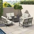 Oakland Living Black Aluminum Patio Fire Table Set with Four Deep Seating Loveseat, Cushions and Wind Blocker