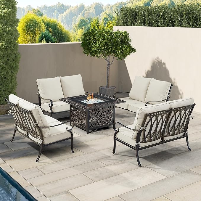 Oakland Living Black Aluminum Patio Fire Table Set with Four Deep Seating Loveseat, Cushions and Wind Blocker