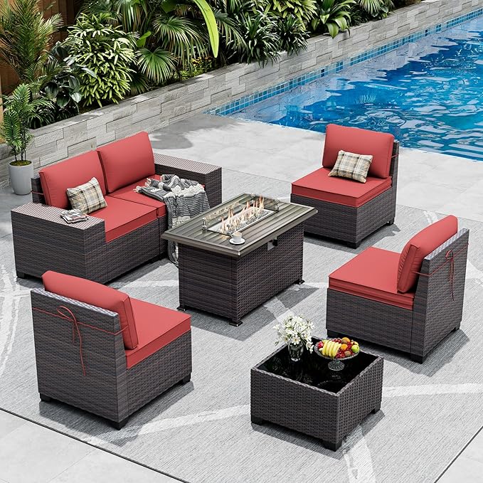 Outdoor Patio Furniture Set with Gas Fire Pit Table, 7 Pieces Patio Furniture Set Outdoor Sectional Sofa w/43in Propane Fire Pit, PE Wicker Rattan Patio Conversation Sets