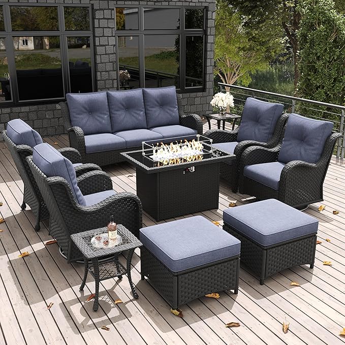 LayinSun 10 Pieces Outdoor Patio Furniture Set with Fire Pit Table, Rattan Wicker Sectional Swivel Rocker Chairs Sets with Ottomans, Swivel Glider Chair, Single Chairs and Coffee Table