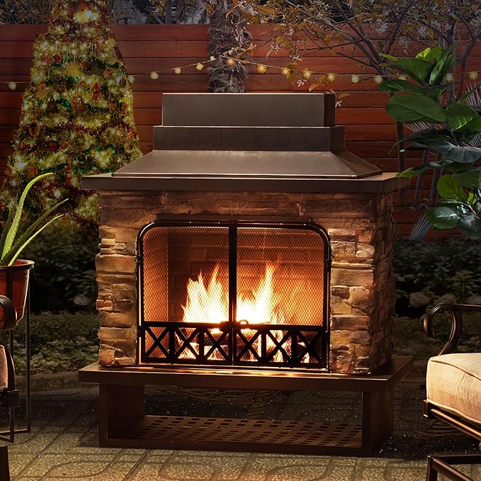 Sunjoy Outdoor Fireplace, Heavy Duty Patio Wood Burning Fireplace with Steel Chimney, Mesh Spark Screen Doors, Removable Grate and Fire Poker, Black