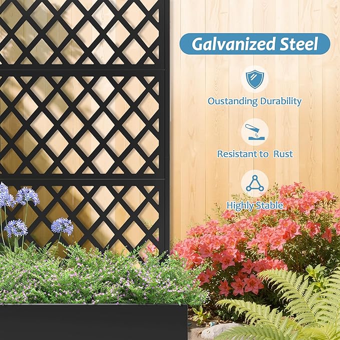 Metal Planter Box with Trellis & Wheels, Raised Garden Bed with Privacy Screen, Outdoor Standing Flower Beds with Drainage Hole for Climbing Plants, Vine, 47.2''L×15.7''W×70.9''H, Black