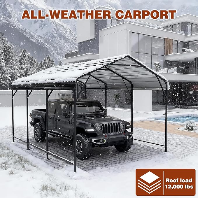 LEVELEVE 10x15 FT Heavy-Duty Metal Carport, Galvanized Steel Car Canopy with Reinforced Base Frame, Outdoor Shelter for Cars, Trucks, Boats, Tractors & RV
