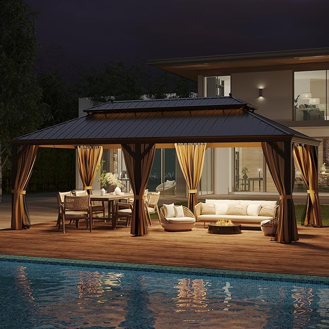 GAZEBEST 12' X 22' Hardtop Gazebo, Outdoor Galvanized Steel Double Roof Permanent Aluminum Frame Pavilion Pergola Canopy with Privacy Curtains for Garden, Patio, Backyard, Deck and Lawns.