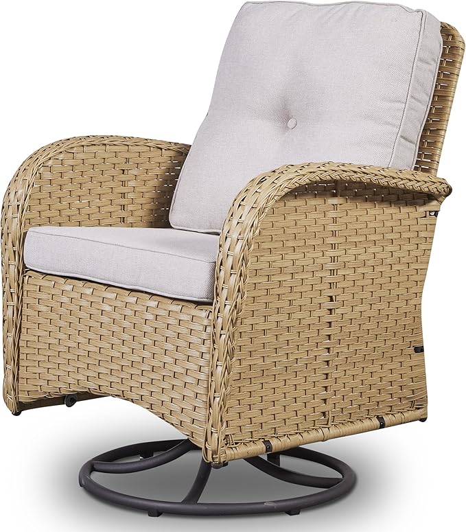 Patio Furniture Swivel Glider PE Wicker Chairs, Outdoor Swivel Rocker Seating with Cushions for Porch Deck Balcony, Yellow/Beige