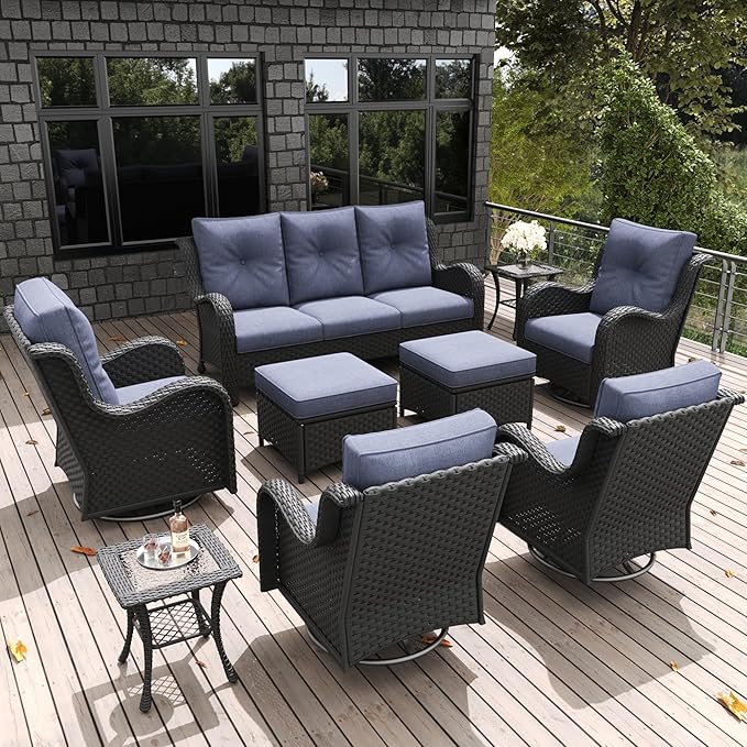 LayinSun 9 Pieces Outdoor Patio Furniture Set, Rattan Wicker Sectional Swivel Rocker Chairs Sets with Ottomans, Swivel Glider Chairs and Coffee Table