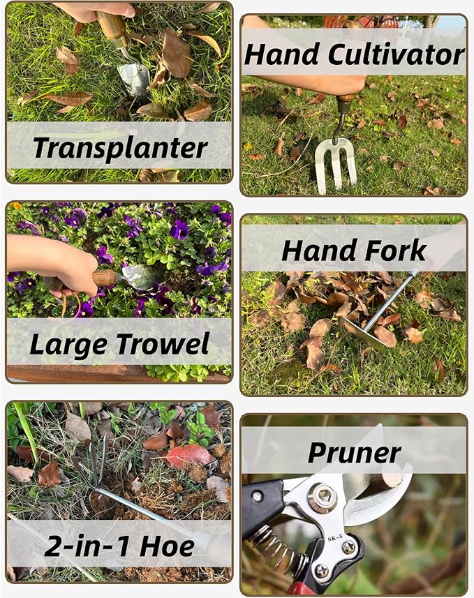 Garden Tool Set, 6PCS Heavy Duty Stainless Steel Gardening Hand Tools with Ropes, Includes Trowel, Transplanter, 2-in-1 Hoe, Pruner & More, Ideal Gardening Gift for Man and Woman (Gift Box Packaging)