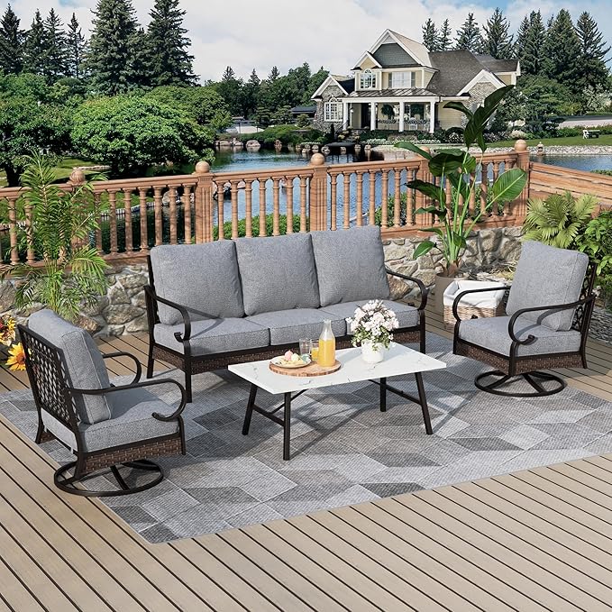 Patio Furniture Set with Coffee Table, Outdoor Conversation Set with 2 x Swivel Chairs, 1 x 3-Seat Sofa for Lawn Garden Backyard, Grey