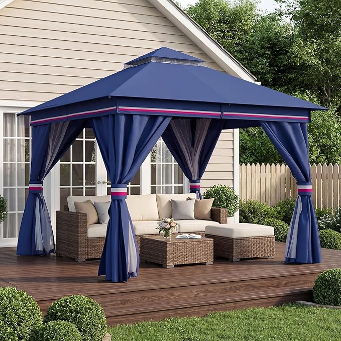 LAUSAINT HOME Outdoor Patio Gazebo 10'x10' with Expansion Bolts, Heavy Duty Party Tent & Shelter with Double Roofs, Mosquito Nettings and Privacy Screens for Backyard (Klein Blue)