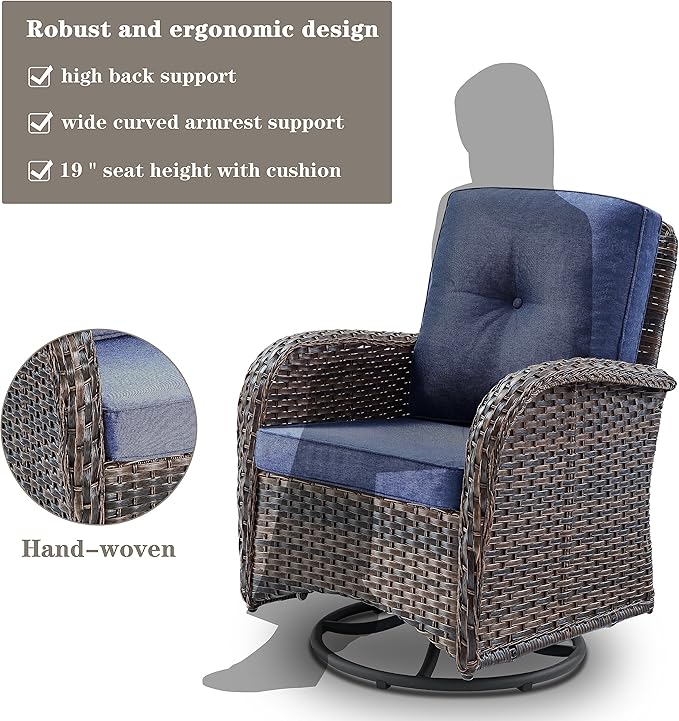 Patio Furniture Swivel Glider PE Wicker Chairs, Outdoor Swivel Rocker Seating with Cushions for Porch Deck Balcony, Brown Wicker Blue Cushion