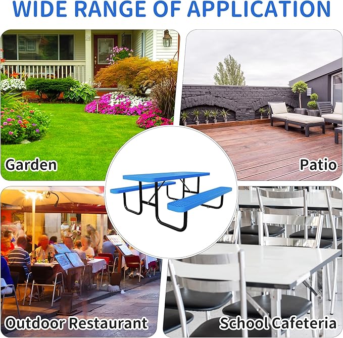6FT Picnic Tables for Outdoors, Rectangular Commercial Metal Picnic Table Bench Set with Umbrella Hole,Heavy Duty Steel Weather-Resistant Dining Table for Patio Dining Garden Backyard BBQ School
