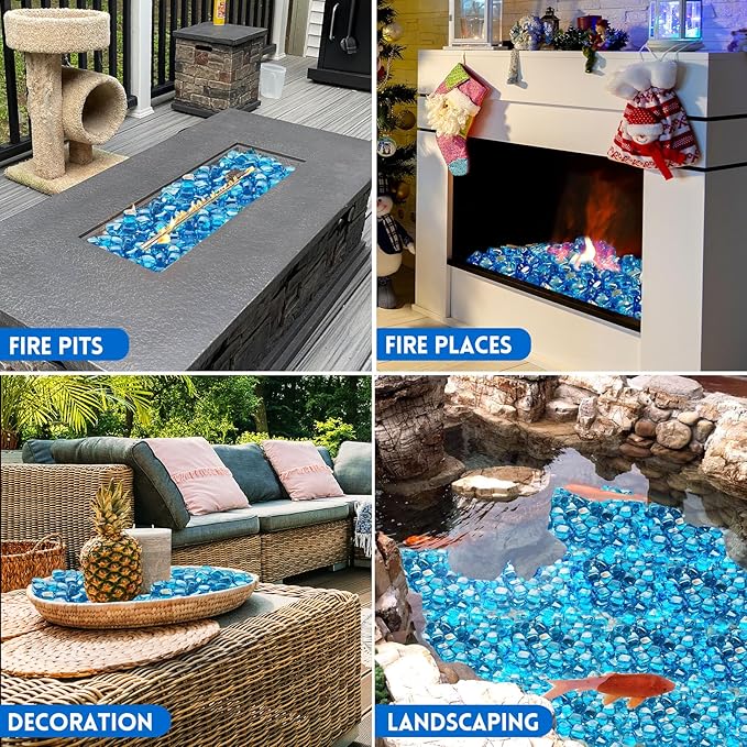 GasSaf Caribbean Blue Fire Glass Cubes for Outdoor Fire Pit, Fireplace, Replaces Existing Gas Logs & Lava Rocks, 1 Inch Glass(10 Pound)(Caribbean Blue Luster)