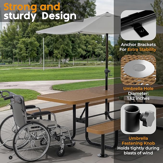 Commercial Heavy-Duty Metal Picnic Table - ADA Compliant, Adjustable Seats, Umbrella Hole, Expanded Metal (Brown, 8' Rectangular)
