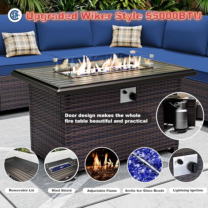 Outdoor Patio Furniture Set with Gas Fire Pit Table, 13 Pieces Patio Sectional Sofa w/43in Propane Fire Pit, PE Wicker Rattan Patio Conversation Set - Blue.