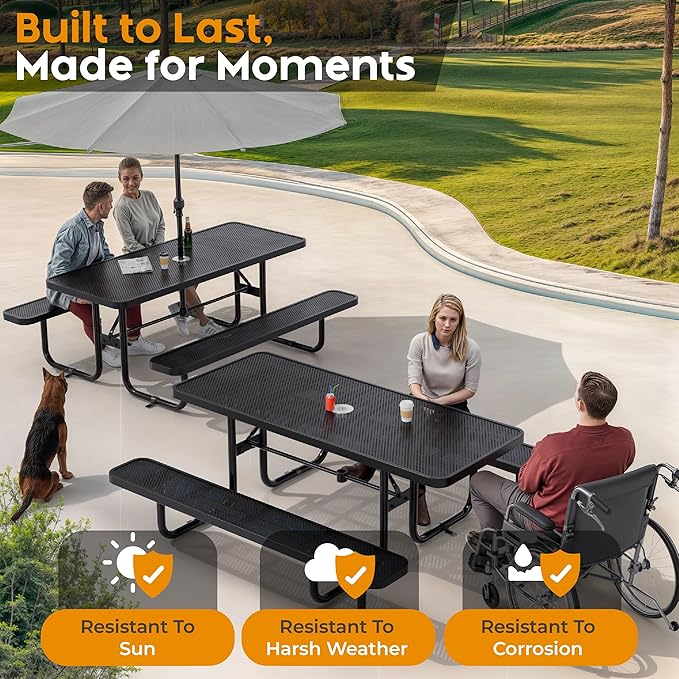 OUTTANS Commercial Heavy-Duty Metal Picnic Table - ADA Compliant, Adjustable Seats, Umbrella Hole (Black, 6' Rectangular, Punched Steel)