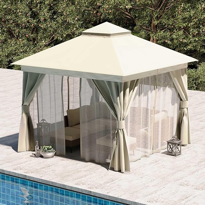 LAUSAINT HOME Outdoor Patio Gazebo 10'x10' with Expansion Bolts, Heavy Duty Party Tent & Shelter with Double Roofs, Mosquito Nettings and Privacy Screens for Backyard (Cream White)