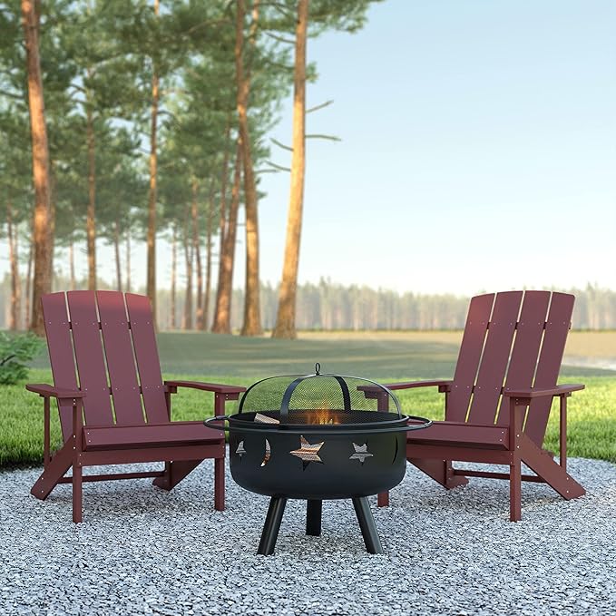 EMMA + OLIVER Campfire Set - Two Red Poly Resin Adirondack Chairs - 29" Star and Moon Fire Pit with Mesh Cover - Weather Resistant - Wood Burning Fire Pit