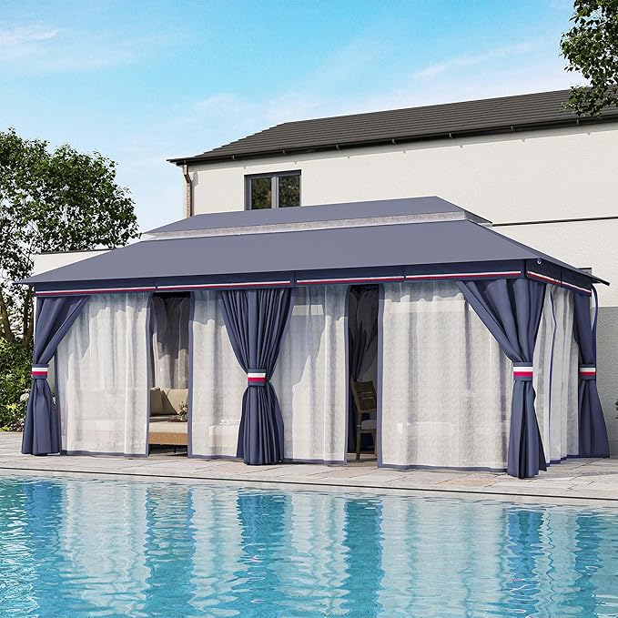 LAUSAINT HOME Gazebo 10x20ft, Heavy Duty Patio Gazebo with Expansion Bolts, Party Canopy Tent with Double Roofs, Mosquito Nettings and Privacy Screens for Backyard, Garden, Lawn, Classic Blue