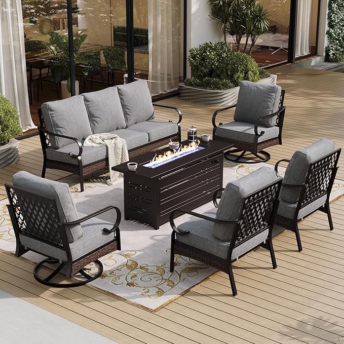 SUNSHINE VALLEY 6 Piece Black Metal Outdoor Patio Furniture Sets with Firepit Table, Patio Conversation Sets 1 3-Seater Sofa, 2 Leg Sofa and 2 Swivel Chair with 5.75" Cushion for Backyard Deck, Gray