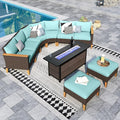 Sophia & William Patio Furniture Set with Fire Pit Table, 9 Piece Half Moon Outdoor Wicker Sectional Sofa Set, Rattan Conversation Set with 56-Inch Fire Pit Table & Ottoman (Aqua Blue)
