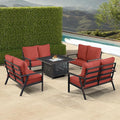 Oakland Living Black Aluminum Patio Fire Table Set with Four Deep Seating Loveseats with Cushions with Red Cushions