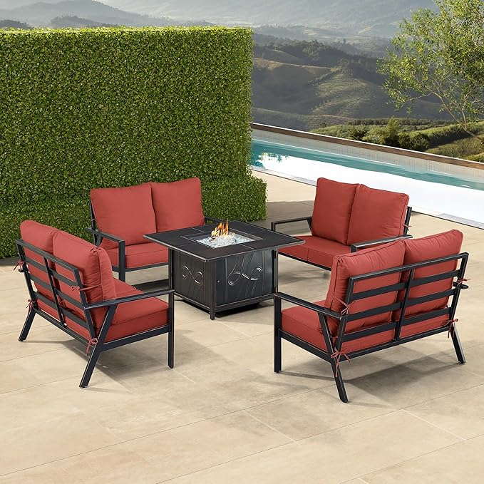Oakland Living Black Aluminum Patio Fire Table Set with Four Deep Seating Loveseats with Cushions with Red Cushions