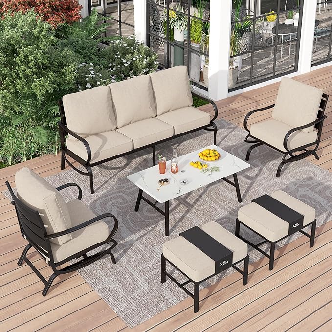 PHI VILLA 6 Piece Patio Furniture Sets with 1x 3-Seat Deep Seating Bench Sofa, 2 C-Base Sofa Chairs, 2 Metal Cushioned Ottoman and & 1 Coffee Table, Deluxe Outdoor Patio Set for 5-7 Person