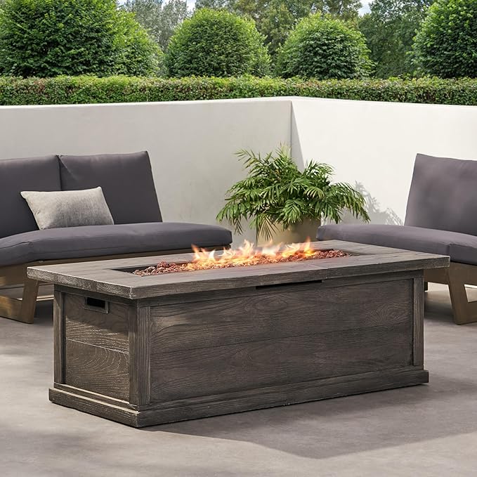 Outdoor Propane Fire Pit Table for Outside Patio, 56 Inch Concrete Fire Pit Table, Rectangle Gas Fire Pit for Garden, Pool, Backyard, 50,000 BTU, Free Lava Rocks, Gray Wood Pattern