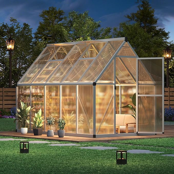6 x 9 ft Greenhouse, Polycarbonate Walk-in Greenhouse with Aluminum Frame, Adjustable Roof Vent and Lockable Door, Easy Assembly, Green Houses for Outside, Garden, Backyard and Patio
