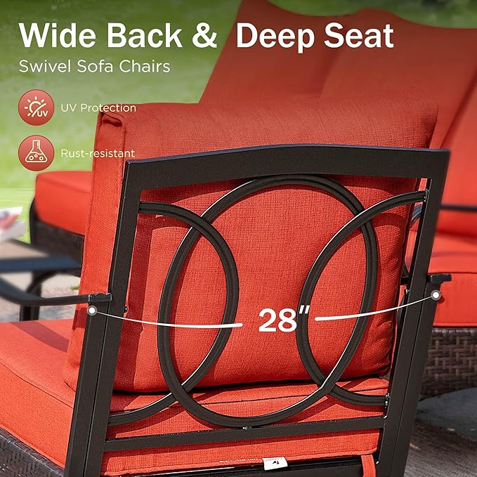 PHI VILLA Outdoor Porch Furniture Set, Upgraded Wicker&Metal Deep Seating Patio Furniture Conversation Set with Waterproof Thick Cushions for Balcony, Deck, and Yard (4 Pieces,Red)