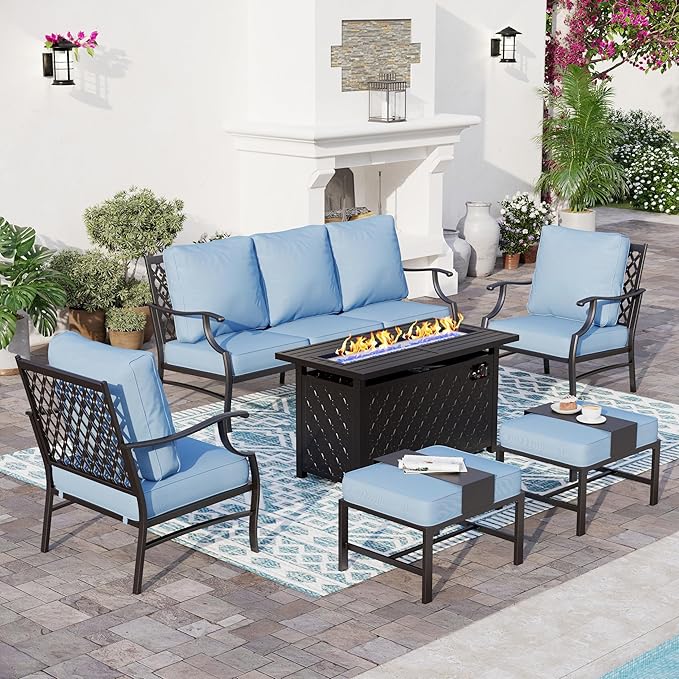 SUNSHINE VALLEY 6 Piece Metal Outdoor Patio Furniture Set with Firepit Table, Patio Conversation Set 1 3-seater Sofa, 2 Fixed Chair, 2 Ottomans with 5.75" Thick Cushion, Black Backyard Furniture, Blue