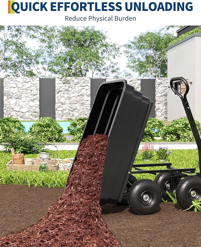 GarveeLife Poly Dump Cart - Heavy Duty 1200lbs Garden Cart with Quick-Release Dumping 13" Tires, Utility Wagon for Yard Work, Landscaping, Gardening