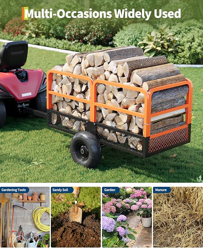 GarveeLife ATV UTV Trailer Tow Behind Dump Cart 22 Cu.ft 1600Lbs Steel, Heavy Duty Pull Behind Utility Dump Trailer for Lawn Mower Trailer Tractor Garden Yard with Removable Rear Panel