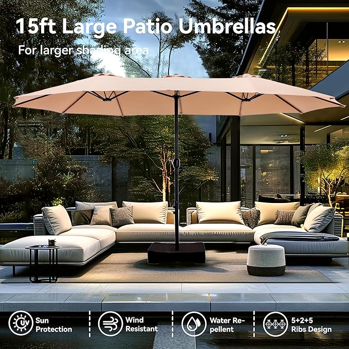 PHI VILLA 15ft Large Patio Umbrellas with Base Included, Outdoor Double-Sided Rectangle Big Market Umbrella with Stand, Outside Umbrellas for Poolside Lawn Backyard, Beige