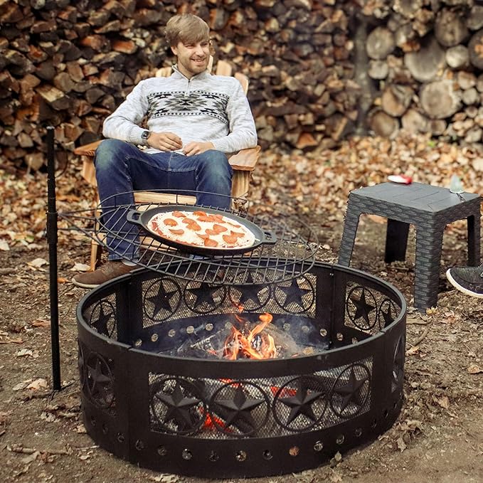 Sunnydaze 36-Inch Outdoor Fire Pit Ring with Poker - Round Heavy-Duty Steel Fire Ring for Camping or Backyard - 4-Star - 12" H