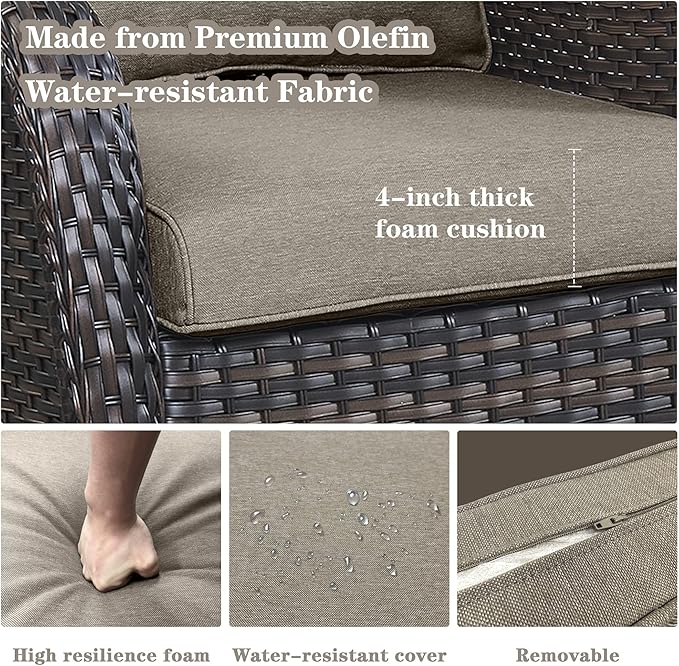 Belord 5 Piece Outdoor Patio Furniture Set - Outdoor Conversation Couch and Loveseat Glider Chair Furniture Set with Rattan Coffee Table for Deck Balcony Poolside Brown Wicker/Grey Cushions