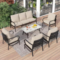 PHI VILLA 6 Piece Patio Furniture Sets with 1 x 3 Seater Padded Deep Seating Bench, 4 x Leg Cushioned Sofa Chairs and 1 x Coffee Table, Outdoor Conversation Metal Furniture Set for 7