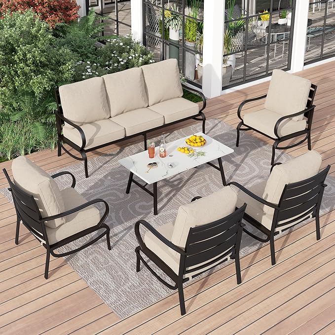PHI VILLA 6 Piece Patio Furniture Sets with 1 x 3 Seater Padded Deep Seating Bench, 4 x Leg Cushioned Sofa Chairs and 1 x Coffee Table, Outdoor Conversation Metal Furniture Set for 7