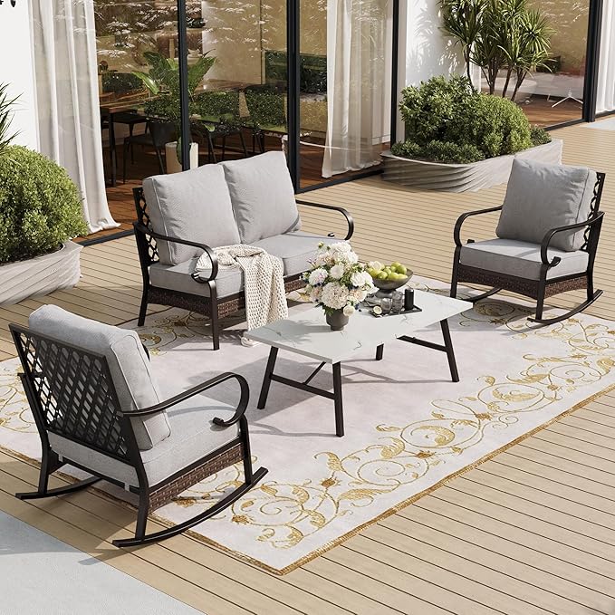 SUNSHINE VALLEY 4 Piece Metal Outdoor Patio Furniture Sets, Patio Conversation Sets 1 Loveseat, 2 Rocking Sofa with 5.75" Extra Thick Cushion & Coffee Table, Balck Frame Backyard Furniture, Light Gray