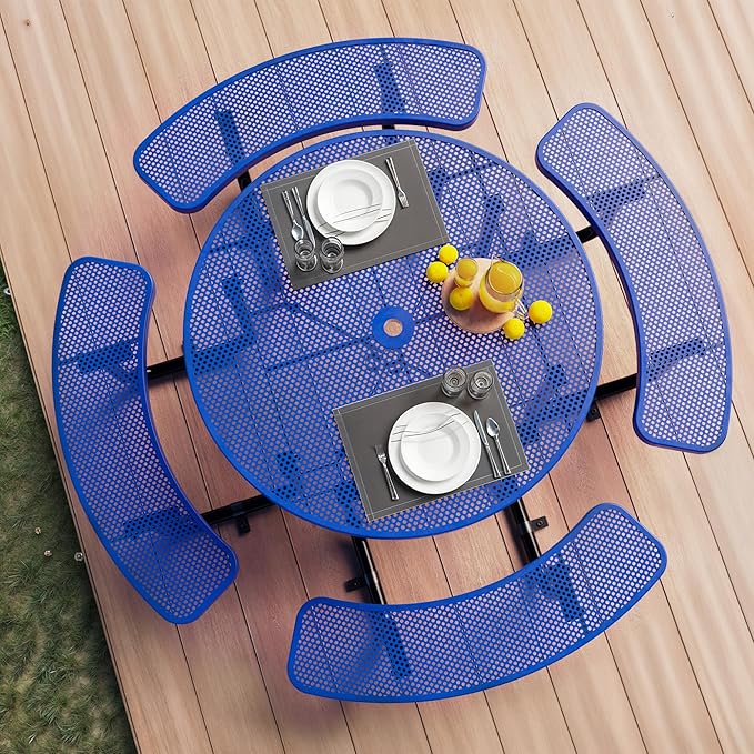 Metal Picnic Tables for Outdoors with Umbrella Hole - Coated Steel Heavy Duty Commercial Grade Furniture Set with Adjustable Seats (Blue, 46 in, Round, Punched Steel)