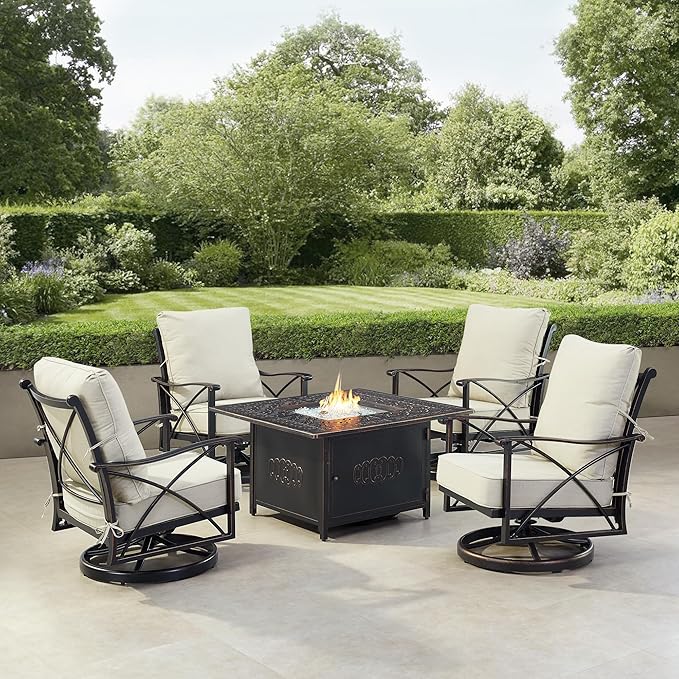 Oakland Living Black Aluminum Patio Fire Table Set with Four Club Chairs