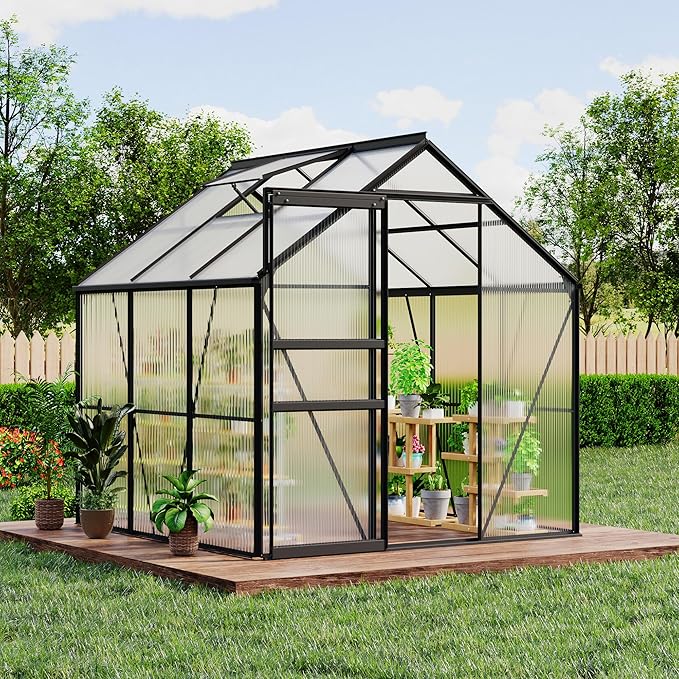 Garvee 6 x 6 FT Outdoor Greenhouse, Polycarbonate Greenhouses with Aluminum Frame, Sliding Door, Adjustable Roof Vent for Backyard, Green Houses for Outside Garden Backyard, Patio, Black