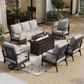 6 Piece Metal Outdoor Patio Furniture Set with Firepit Table, Patio Conversation Sets 1 3-Seater Chair, 2 Leg Sofa & 2 Swivel Chair with 5.75" Cushion for Backyard Deck, Light Gray