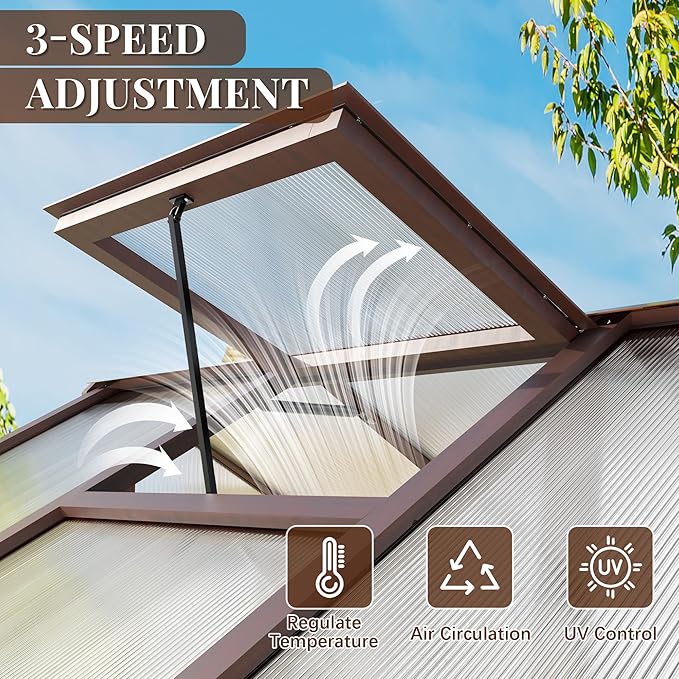 6x12 FT Wooden Greenhouse, Polycarbonate Greenhouse with Adjustable Roof Vents and 6MM Thick Polycarbonate Panel, Walk-in greenhouses for Outdoors for Garden Backyard, Patio, Lawn, Brown