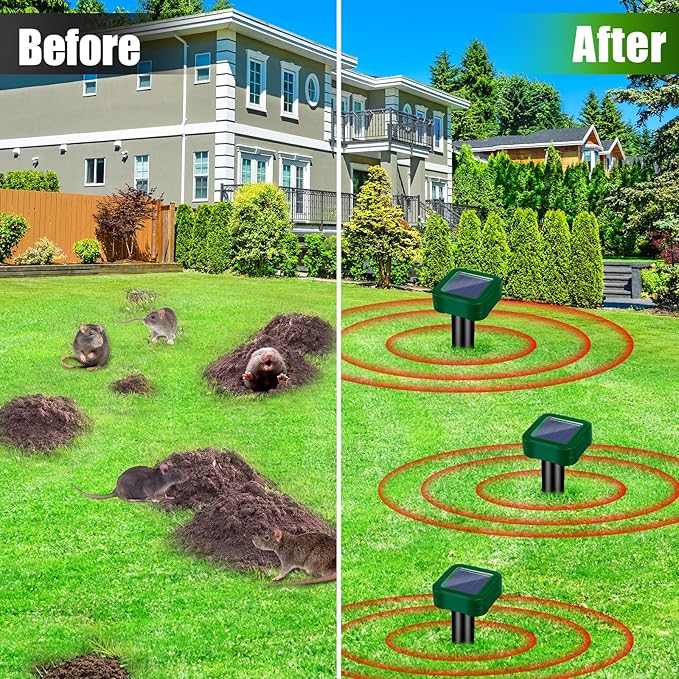 8 Pack Mole Repellent Solar Powered, Rodent Repellent Outdoor Ultrasonic, Waterproof Pest Deterrent for Yard, Lawn, Garden - Drives Away Rodent, Voles, Skunk, Groundhogs, Snake, Chipmunks, Raccoons