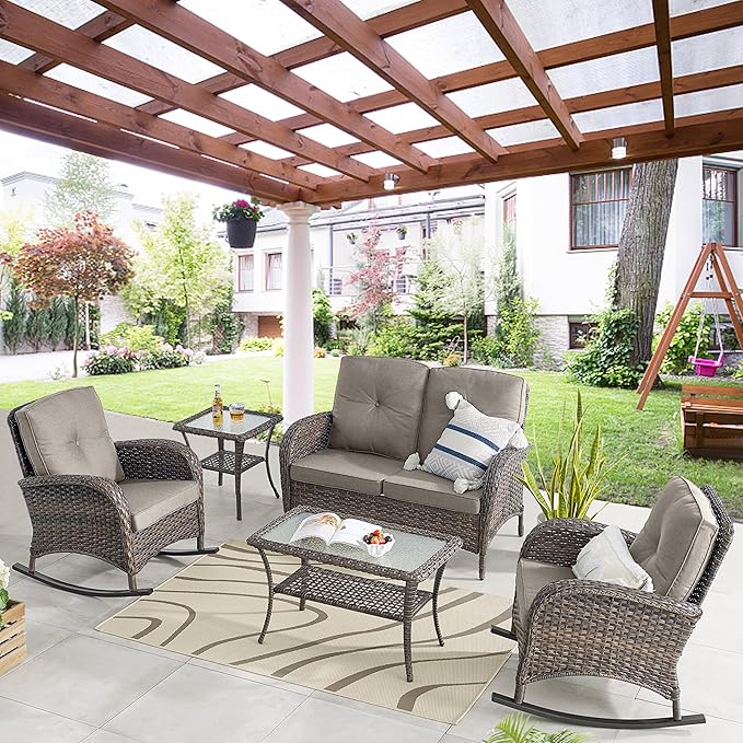 Belord Patio Wicker Furniture with Rocking Chairs Loveseat, 5 Piece Rattan Furniture Outdoor Table and Rocking Chairs Set for Patio Deck Porch Backyard Brwon/Grey