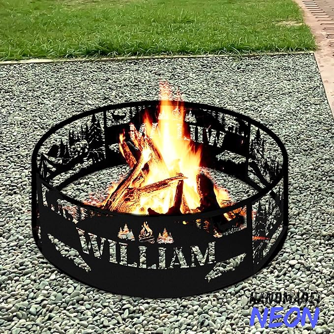 Personalized Bear Fire Pit Ring Wildlife Forest Stainless Steel Custom Name 360 Degree Campfire Ring Stove Outdoor BBQs Backyard Camping Garden Decor Gifts Father Nature Lover